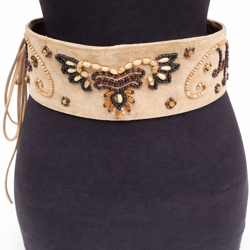 Vintage 80's Neutral suede wide beaded belt L..XXL ...